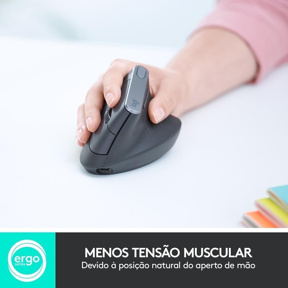 Mouse sem fio Logitech MX Vertical Design Ergonômico para Redução de Tensão Muscular, USB Unifying ou Bluetooth, Recarregável - 910-005449 - 4