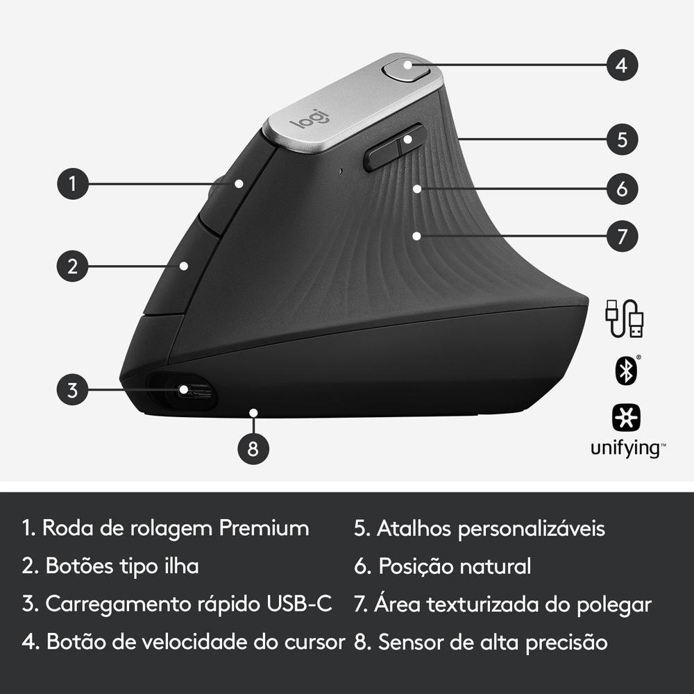 Mouse sem fio Logitech MX Vertical Design Ergonômico para Redução de Tensão Muscular, USB Unifying ou Bluetooth, Recarregável - 910-005449 - 5