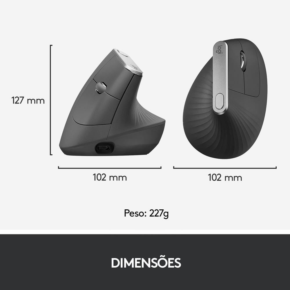 Mouse sem fio Logitech MX Vertical Design Ergonômico para Redução de Tensão Muscular, USB Unifying ou Bluetooth, Recarregável - 910-005449 - 9