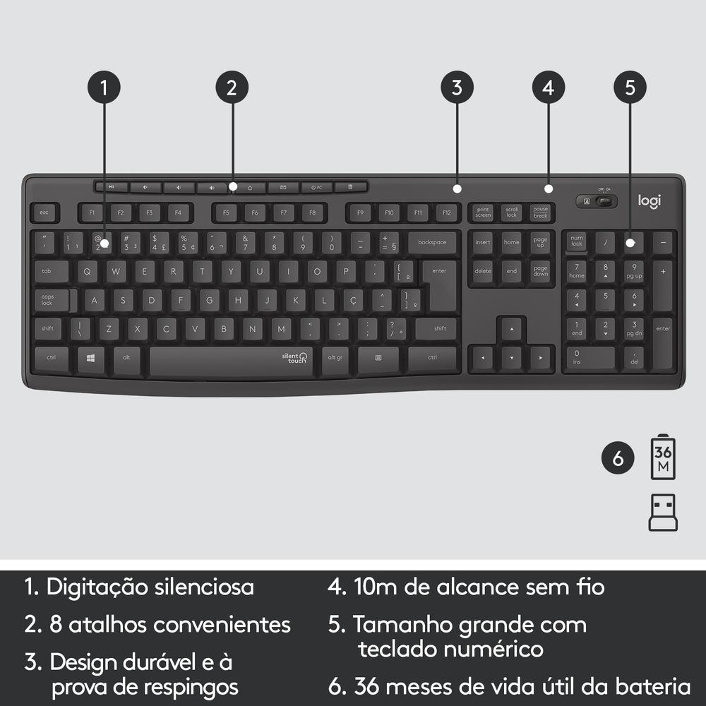 Teclado e Mouse sem fio Logitech MK295 com Digitação e Clique Silencioso, Conexão USB, Pilhas Inclusas e Layout ABNT2 - 920-009793 - 5