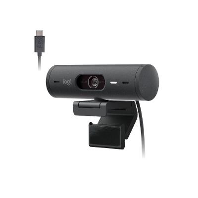 Webcam + Suporte Logitech Brio 500 Full HD, 1080p, 30 FPS, com Microfones Duplos, USB, Suporte Incluso, Grafite - 960-001412
