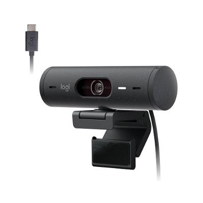 Webcam + Suporte Logitech Brio 500 Full HD, 1080p, 30 FPS, com Microfones Duplos, USB, Suporte Incluso, Grafite - 960-001412