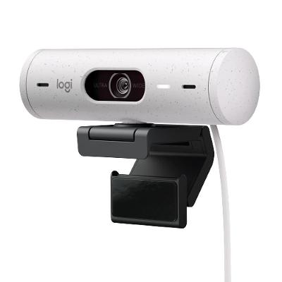 Webcam + Suporte Logitech Brio 500 Full HD, 1080p, 30 FPS, com Microfones Duplos, USB, Suporte Incluso, Branco - 960-001426