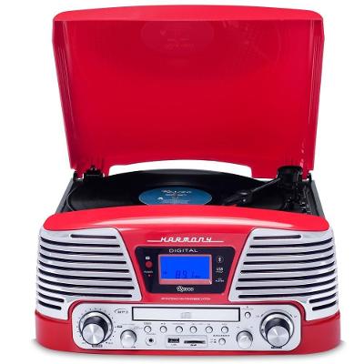 Toca Discos Vitrola Raveo Harmony BT - Bluetooth, CD, MP3, USB e SD Reproduz e Grava, Aux. e FM 10W RMS Bivolt Vermelho