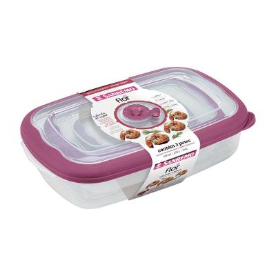 Kit 3 Potes Plásticos Retangulares Herméticos Açaí 430ml, 1,26L, 2,4L Flor Sanremo