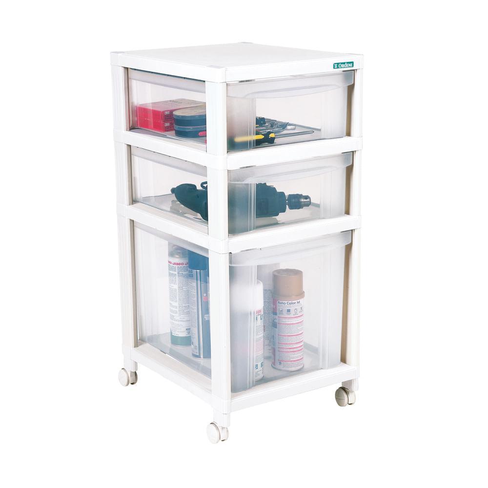 Gaveteiro Plástico Retangular Médio com 2 Gavetas Baixas e 1 Alta e Rodas Branco/Transparente Log Ordene - 2