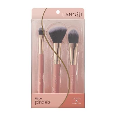 Kit Pincéis de Maquiagem Compactos para Base, Blush e Pó Facial Rosé Gold Lanossi 3 Unidades