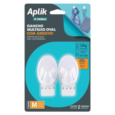 Gancho Adesivo Plástico Oval Médio Branco Aplik Ordene 2 Peças