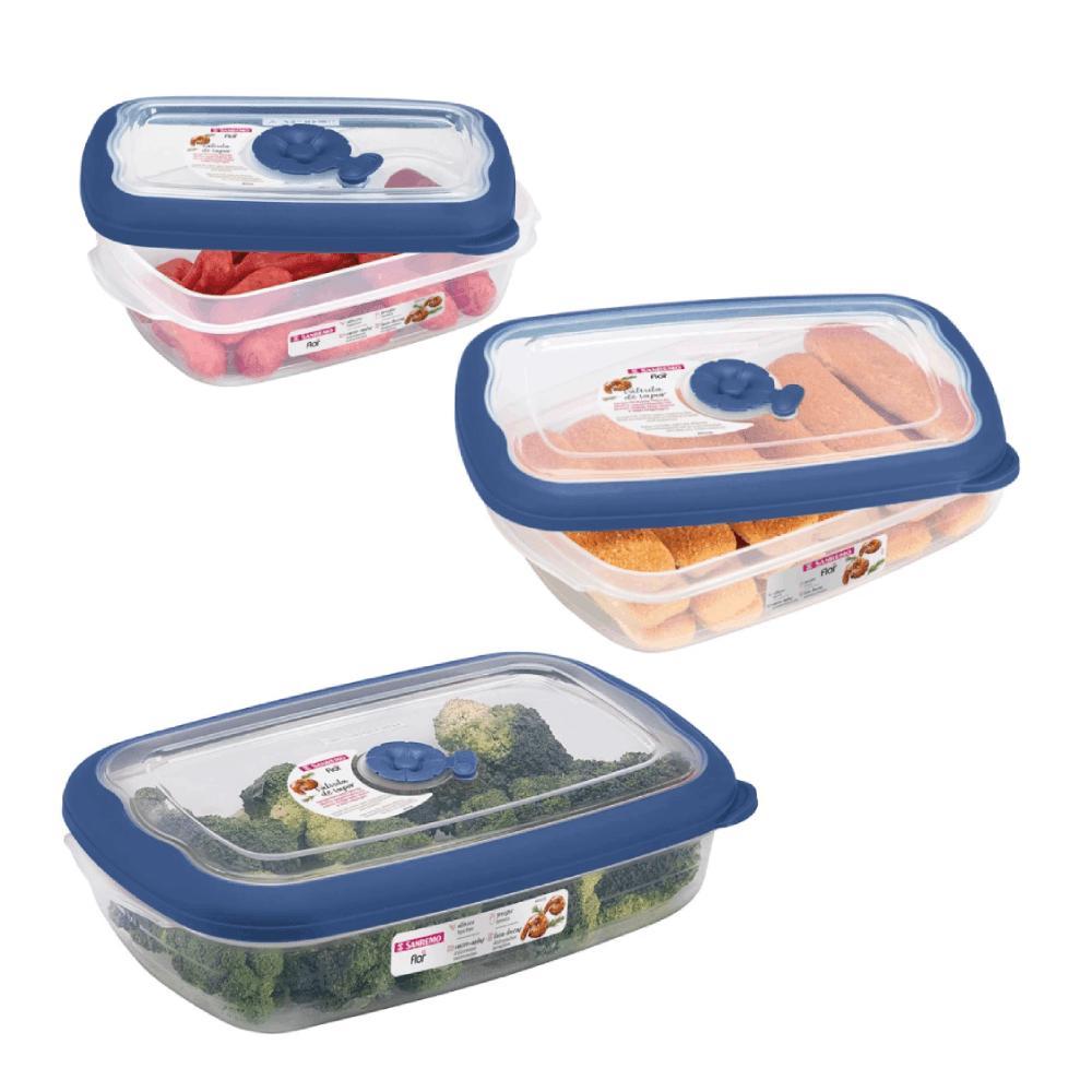 Kit 3 Potes Plásticos Retangulares Herméticos Azul 430ml, 1,26L, 2,4L Flor Sanremo - 5