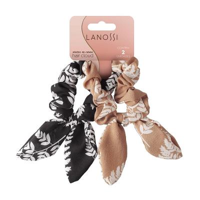 Scrunchie Floral Preto e Bege Lanossi 2 Unidades