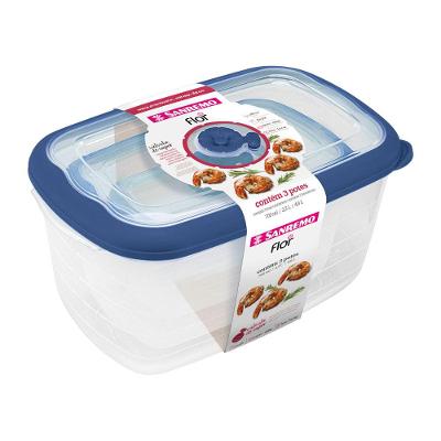 Kit 3 Potes Plásticos Retangulares Herméticos Azul 700ml, 2,3L, 4,6L Flor Sanremo