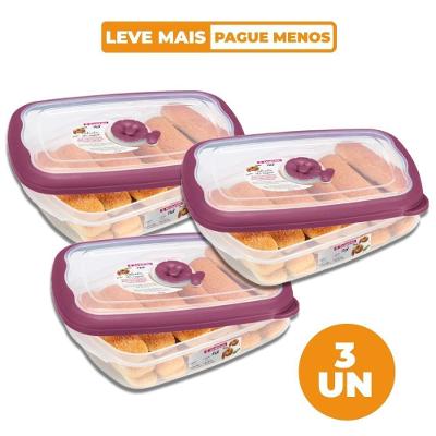 Kit com 3 Potes Plásticos Retangulares Herméticos Açaí 1,26L Flor Sanremo