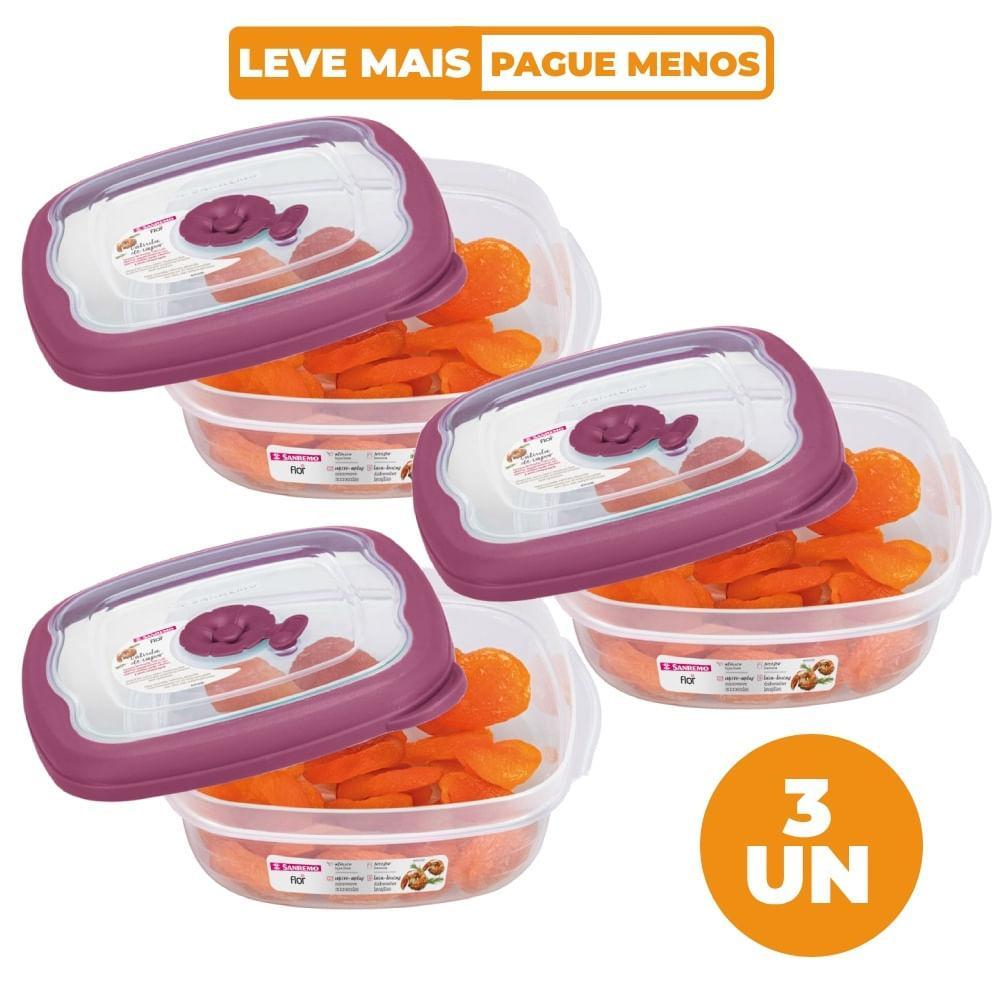 Kit 3 Potes Plásticos Quadrados Herméticos Açaí 920ml Flor Sanremo - 1