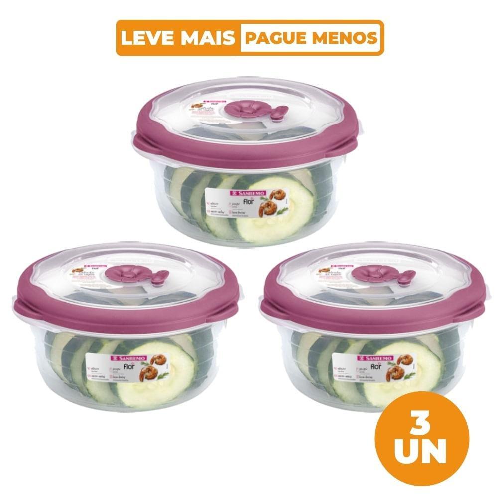 Kit 3 Potes Plásticos Redondos Herméticos Açaí 1,1L Flor Sanremo - 1