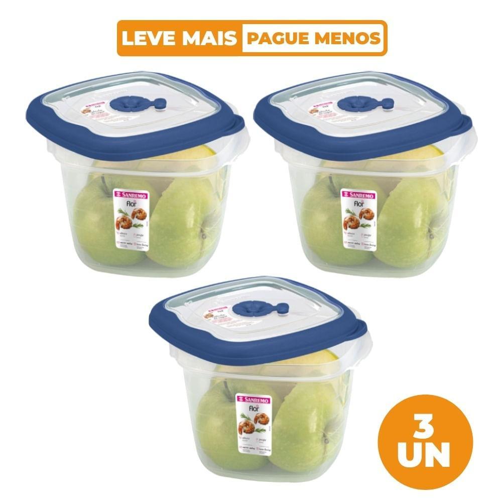 Kit 3 Potes Plásticos Quadrados Herméticos Azul 1,6L Flor Sanremo - 1