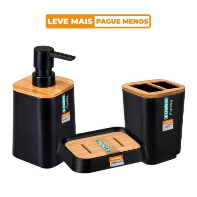 Kit Porta Escova de Dente + Saboneteira + Porta Sabonete Líquido Preto Bambu My Day Ordene