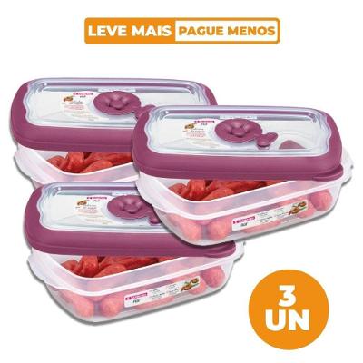 Kit 3 Potes Plásticos Retangulares Herméticos Açaí 430ml Flor Sanremo