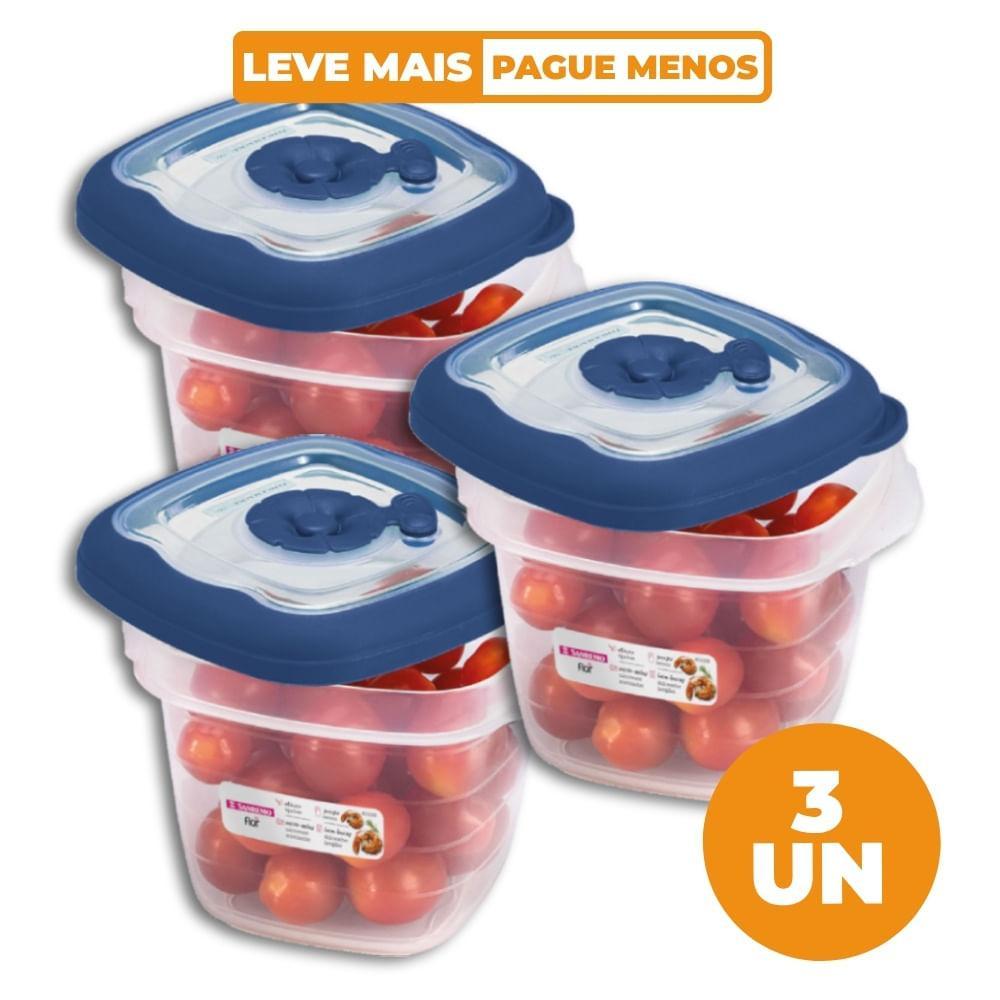 Kit 3 Potes Plásticos Quadrados Herméticos Azul 450ml Flor Sanremo - 1