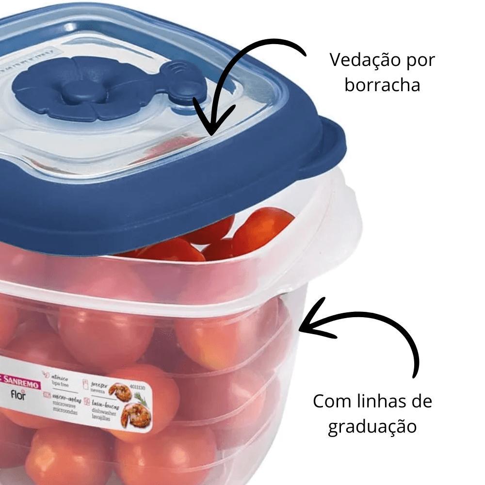 Kit 3 Potes Plásticos Quadrados Herméticos Azul 450ml Flor Sanremo - 4