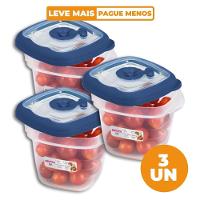 Kit 3 Potes Plásticos Quadrados Herméticos Azul 450ml Flor Sanremo - 1