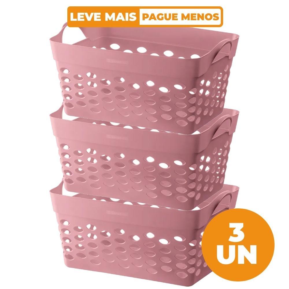 Kit 3 Cestos Organizadores Retangular Plástico Rosa 22L Moolti Sanremo - 1
