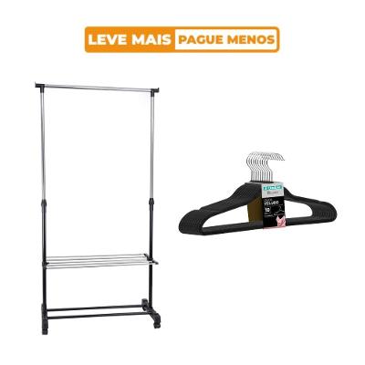 Kit Arara com Sapateira Plástica em Aço  + 10 Cabides de Veludo Preto 42cm My Closet Ordene