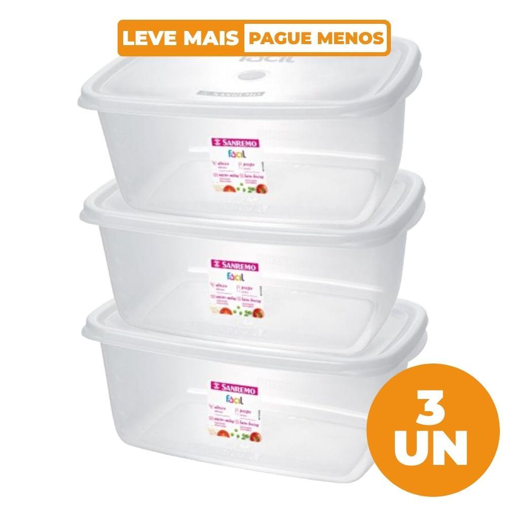 Kit 3 Potes Plásticos Retangulares Fácil Cristal 3,2L Sanremo - 1