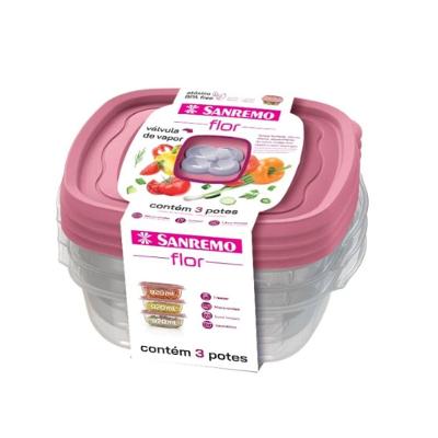 Conjunto 3 Potes Plásticos Quadrados Hermético Rosa 920ML Flor Sanremo