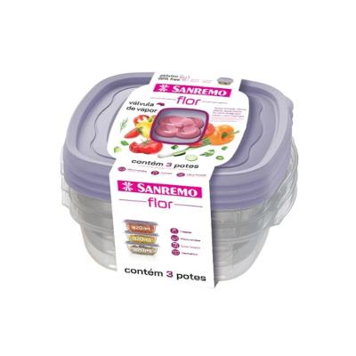 Conjunto 3 Potes Plásticos Quadrados Hermético Lilás 920ML Flor Sanremo