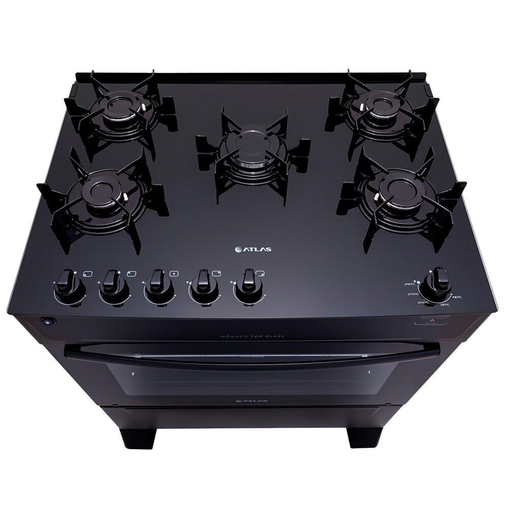 Fogão a Gás de Piso 5 Bocas Atlas Mônaco Top Glass Mesa de Vidro Preto - 5