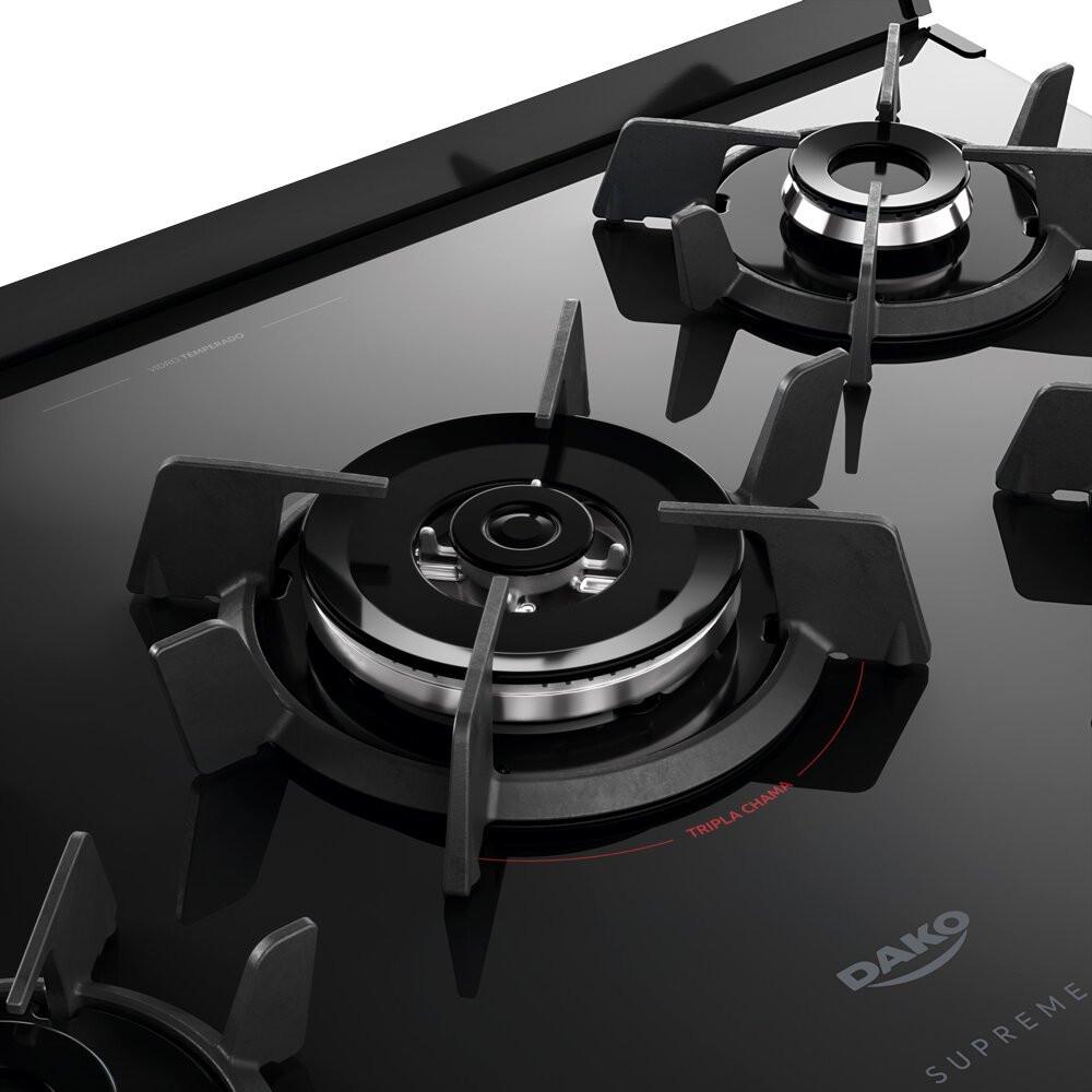 Fogão a Gás 5 Bocas Dako Novo Supreme Glass Mesa de Vidro Tripla Chama - 6