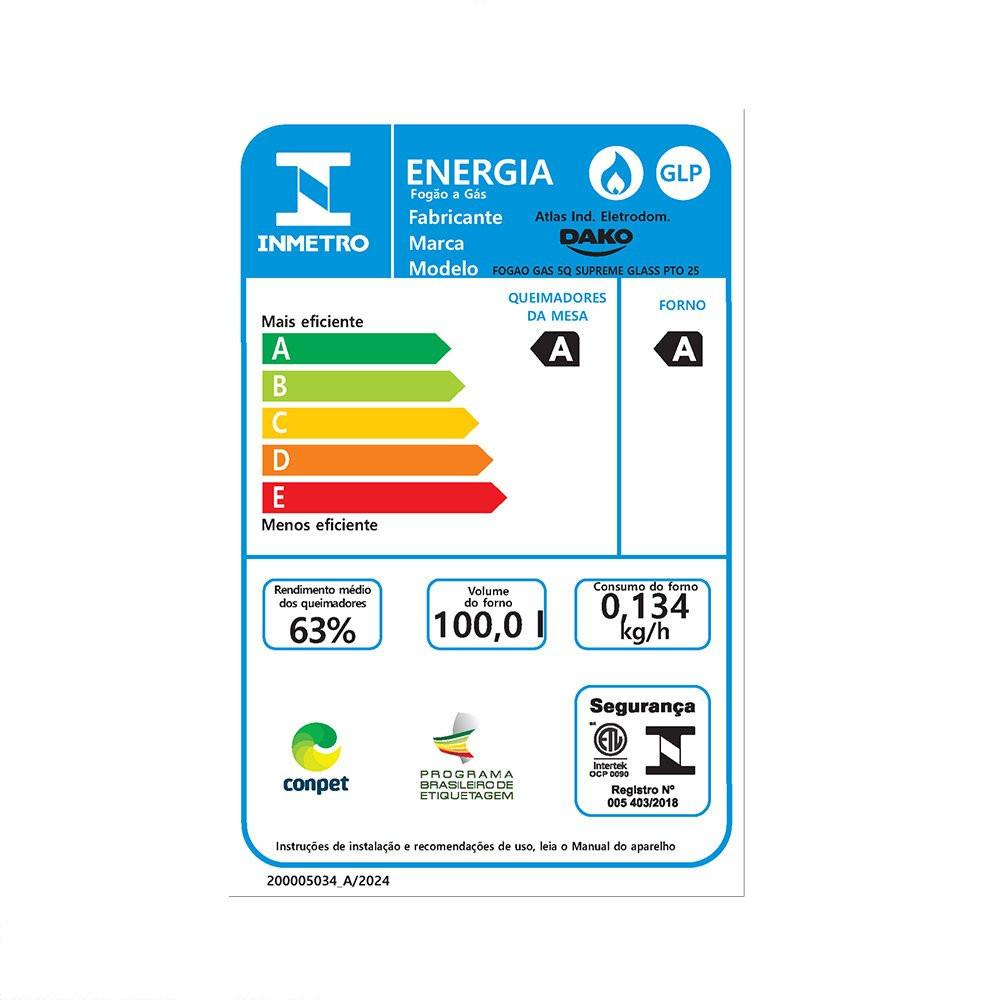 Fogão a Gás 5 Bocas Dako Novo Supreme Glass Mesa de Vidro Tripla Chama - 9