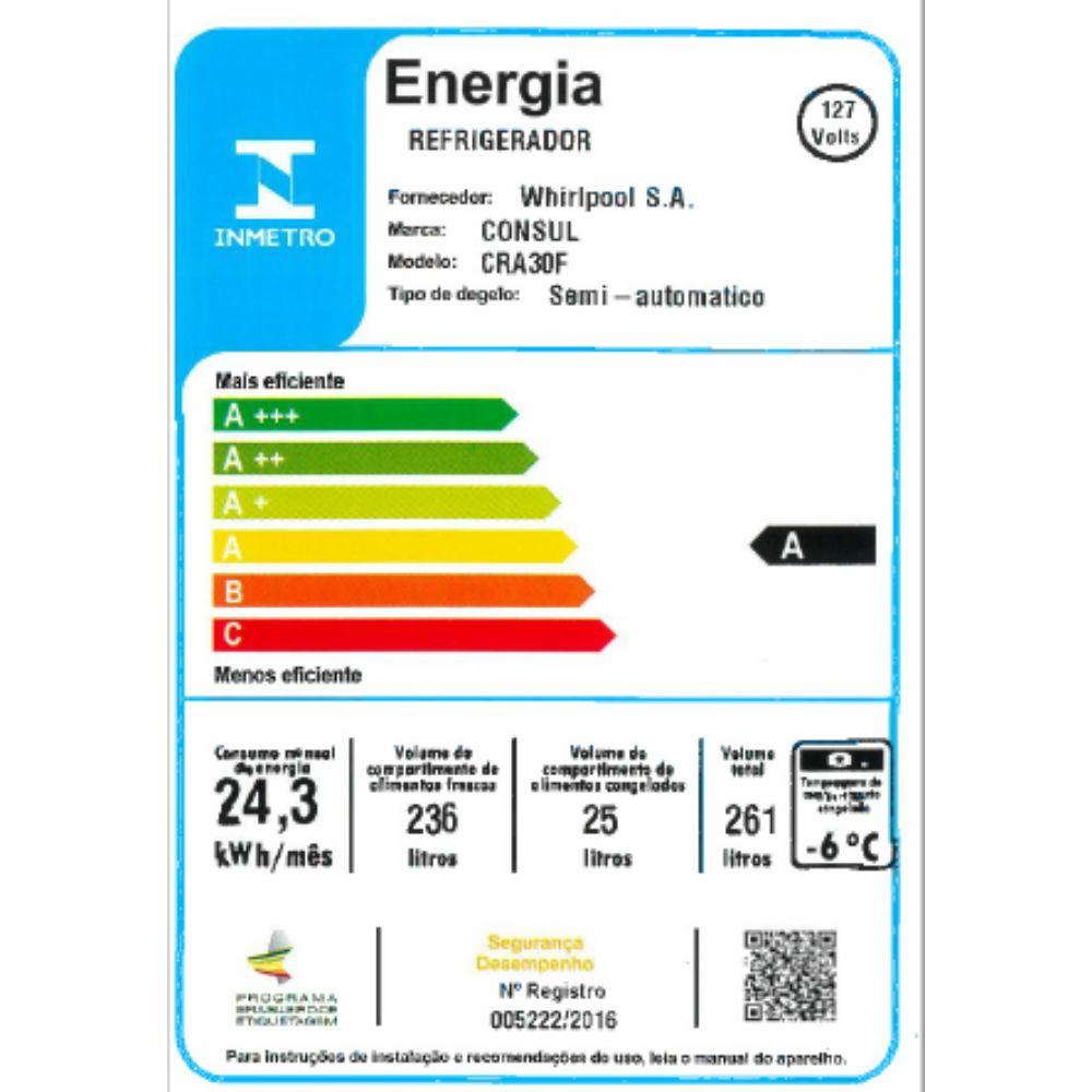 Geladeira 261L 1 Porta Degelo Seco Classe A CRA30FB Consul - 3