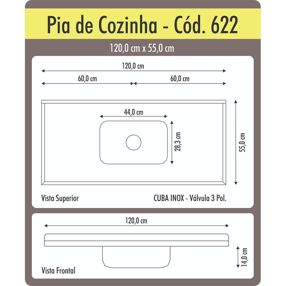 Pia de Cozinha Roralit Granitado com Cuba em Inox 120cm - 562208 - 2