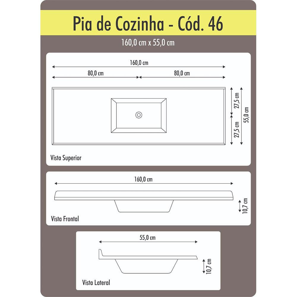 Tampo para Pia de Cozinha Rorato Marmoplan 1,60 m Cuba Central - 2