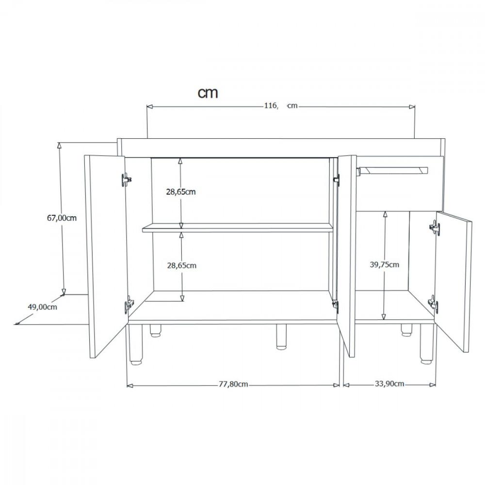 Balcão Flat De Cozinha Para Pia 3 Portas 1 gaveta 1,16 Rorato - 3