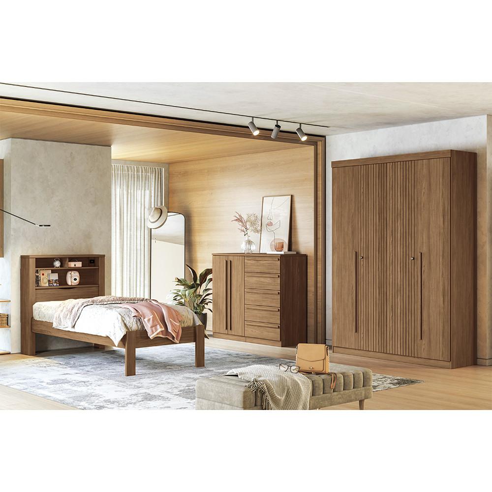 Quarto de Solteiro com Guarda-Roupas Buriti 4 Portas Cômoda Málaga e Cama com Baú Invicta Santos Andirá - 1