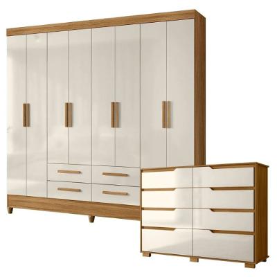 Conjunto Quarto Moval 2 Peças 8 Portas 4 Gavetas Guarda Roupa e Cômoda 8 Gavetas