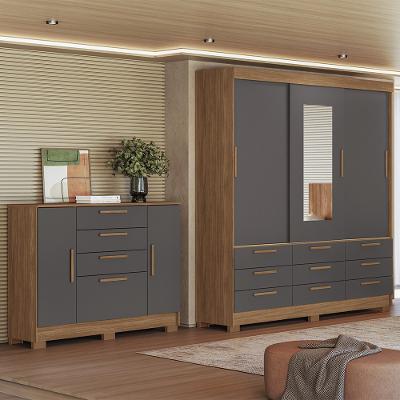 Quarto de Casal com Guarda-Roupas 3 Portas de Correr com Espelho e Cômoda Dante Estilo MM