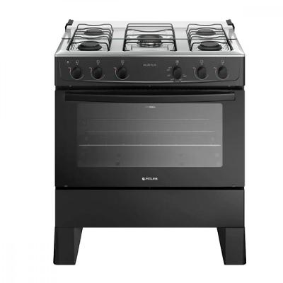 Fogão 5 Bocas Preto com Mesa Inox Atlas Milão Plus Bivolt