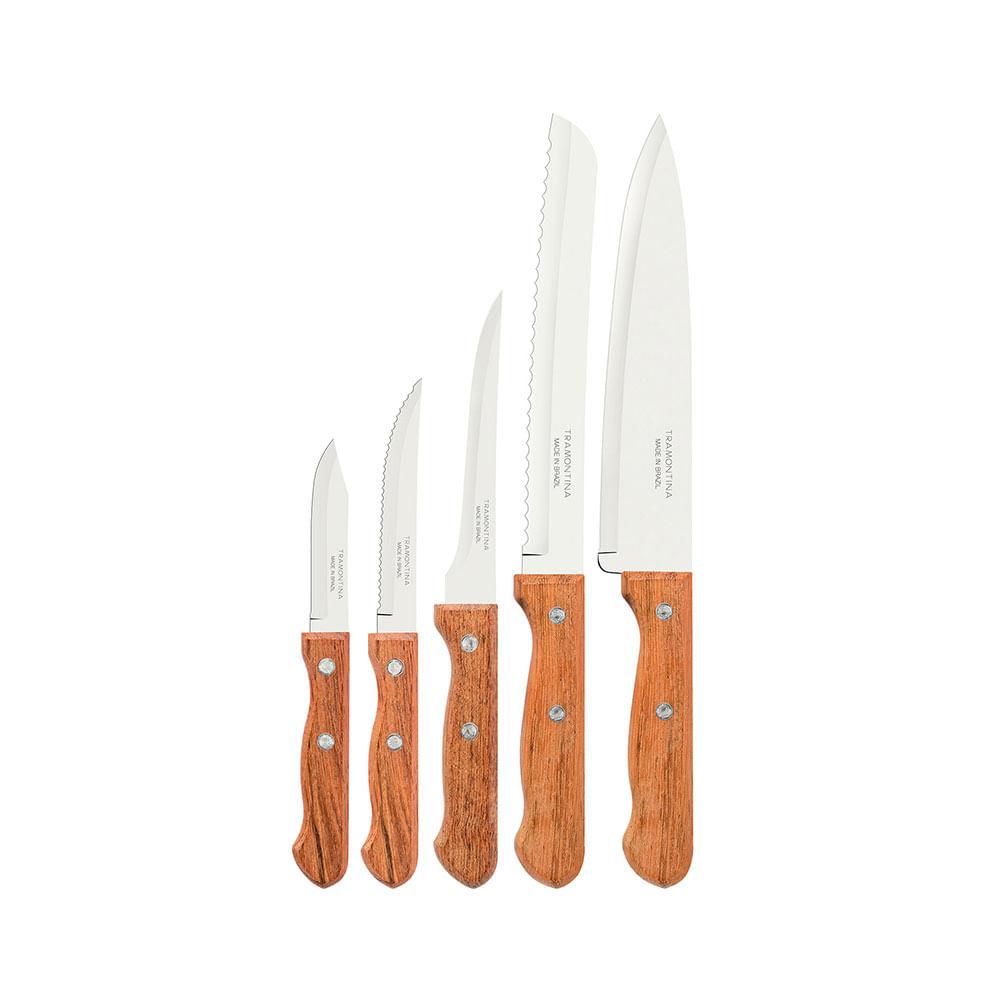 Jogo de Facas Dynamic em Inox e Cabos de Madeira Natural 5pçs - Tramontina - 1