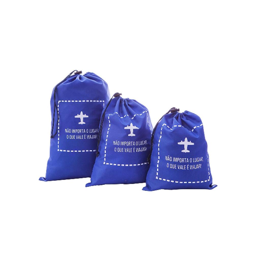 Kit Saco com Cordão para Viagem Azul para P/M/G 3Pçs - Secalux - 1