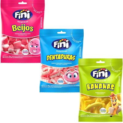 Kit de Balas de Gelatina: Beijo Morango 90G + Dentaduras 90G + Bananas 90G - Fini