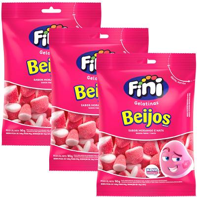 3 Packs de Balas de Gelatina Beijos Sabor Morango 90G - Fini