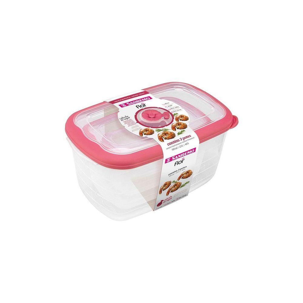 Conjunto de Potes Plásticos Retangulares Altos Herméticos Flor Rosa 3pçs - Sanremo - 1