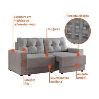 Sofá 3 Lugares Retrátil Lubeck Linho Cinza
