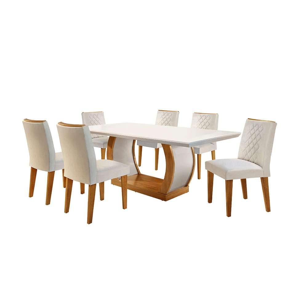 Conjunto de Mesa de Jantar com 6 Cadeiras Estofadas Maia I Veludo Off White e Creme - 2