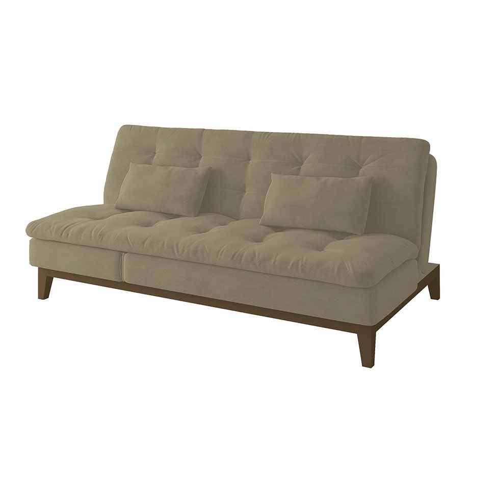 Sofá-Cama 3 Lugares Casal Amanda com Pés de Madeira Suede Bege - 1
