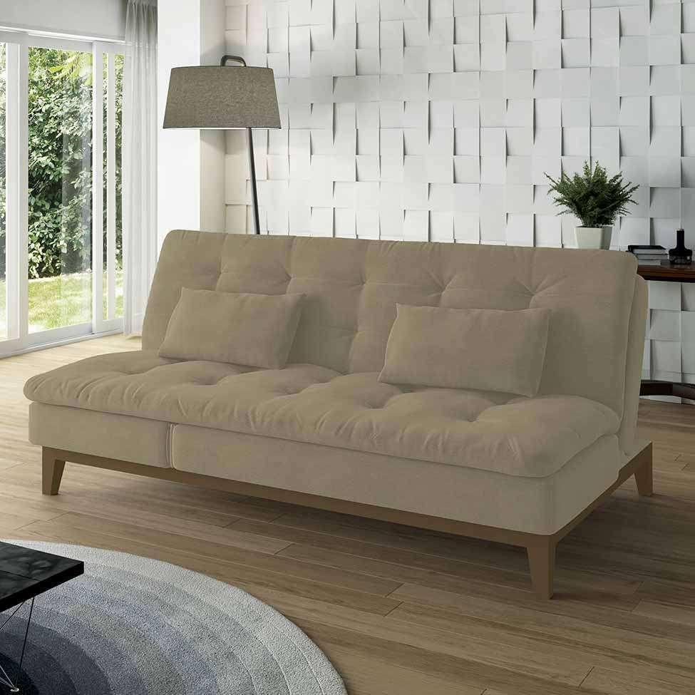 Sofá-Cama 3 Lugares Casal Amanda com Pés de Madeira Suede Bege - 2