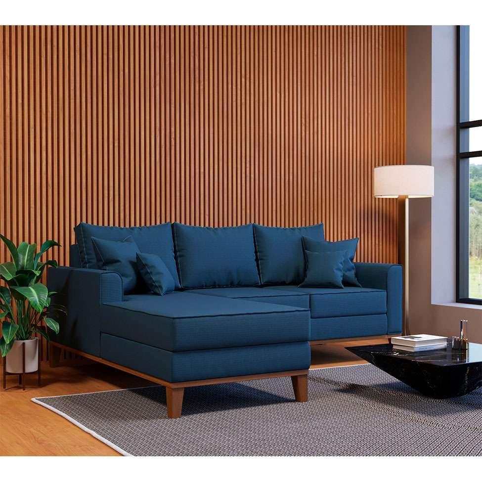 Sofá 3 Lugares Beny Com Chaise Esquerdo Linho Azul Marinho - 2